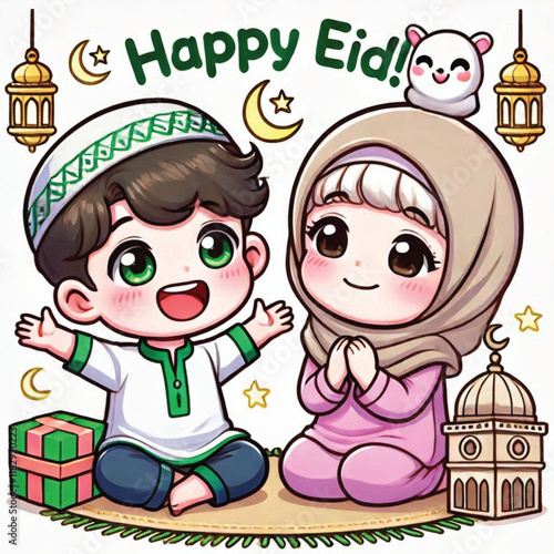 Muslim cartoon little girl and boy saying happy eid