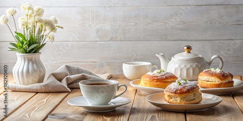 Wallpaper Mural Serene morning tea time with delightful pastries and fresh flowers on wooden table Torontodigital.ca