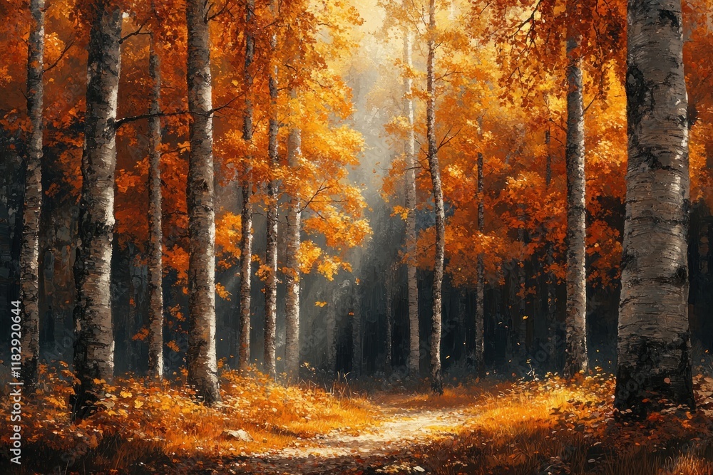 Trees Marked for Harvest in a Serene Forest Scene with Autumn Colors and Light Trees Marked for Harvest in a Serene Forest Scene with Autumn Colors and Light