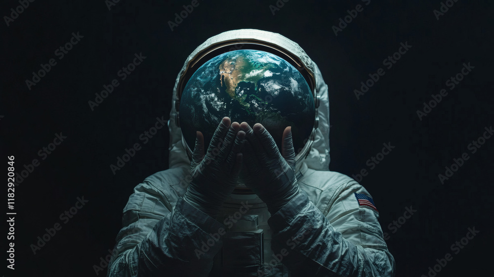 astronaut holding earth on dark background
astronaut holding earth on dark background