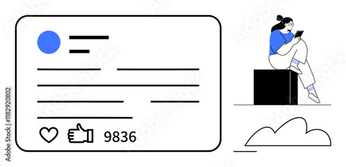 Social media post with thumbs ups and comments counter, user sitting and interacting on handheld device. Ideal for marketing, social dynamics, online behavior, influencer content, user engagement