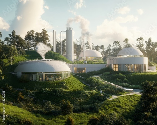 Futuristic Eco-Friendly Industrial Complex Surrounded by Nature photo