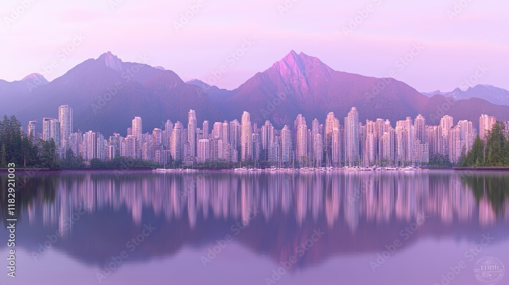 Obraz premium Pink Dawn Cityscape Reflected in Calm Waters