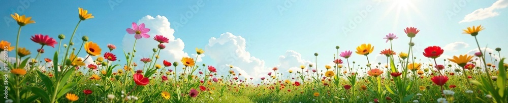 Tall grasses and colorful wildflowers stretching towards the sky, flowers, nature Tall grasses and colorful wildflowers stretching towards the sky, flowers, nature