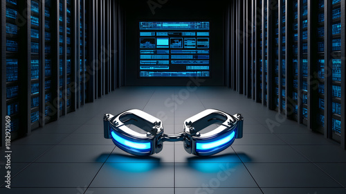 Digital arrest futuristic concept. Futuristic robotic handcuffs in a high-tech server room.