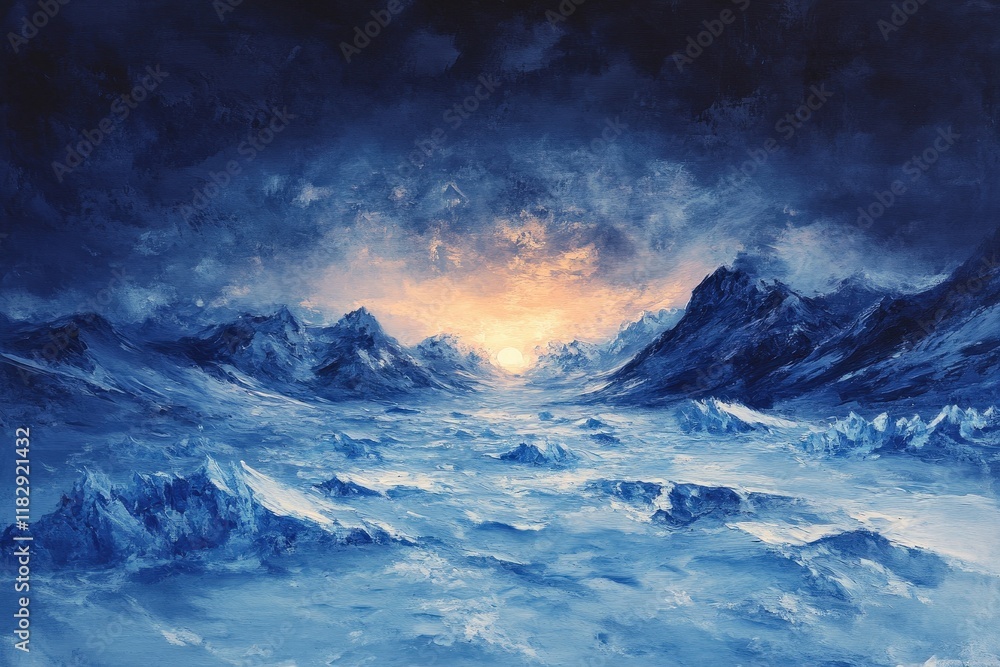 Obraz premium A frozen tundra landscape with shimmering ice formations under a polar twilight