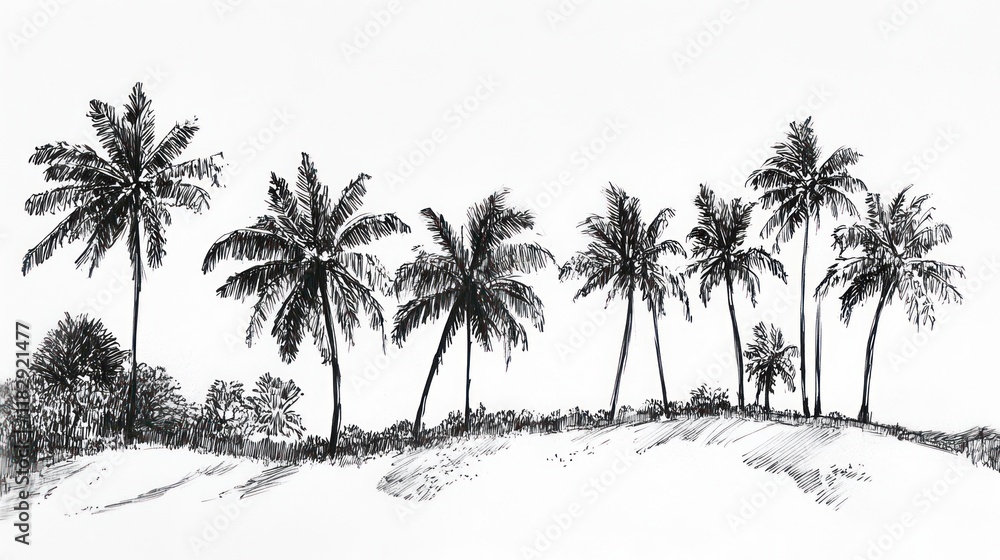 Ink drawing of palm trees on a beach. Ink drawing of palm trees on a beach.