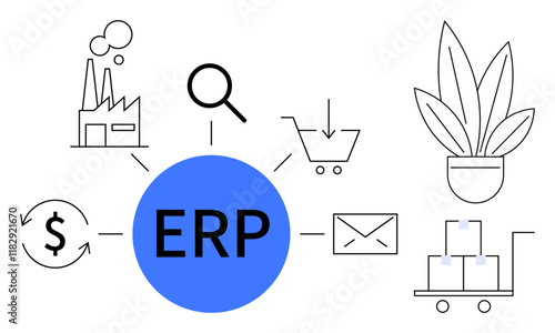 Central ERP concept connects to factory, magnifying glass, shopping cart, plant, dollar sign, envelope, and trolley with boxes. Ideal for business management, operations efficiency integration