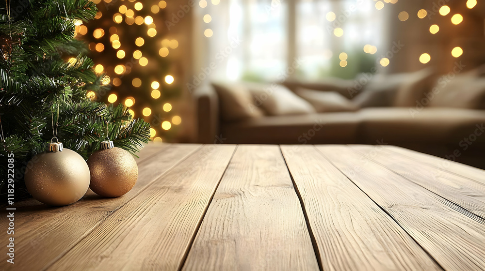 Christmas ornaments rest on a wooden table with a blurred living room background of festive lights. Christmas ornaments rest on a wooden table with a blurred living room background of festive lights.