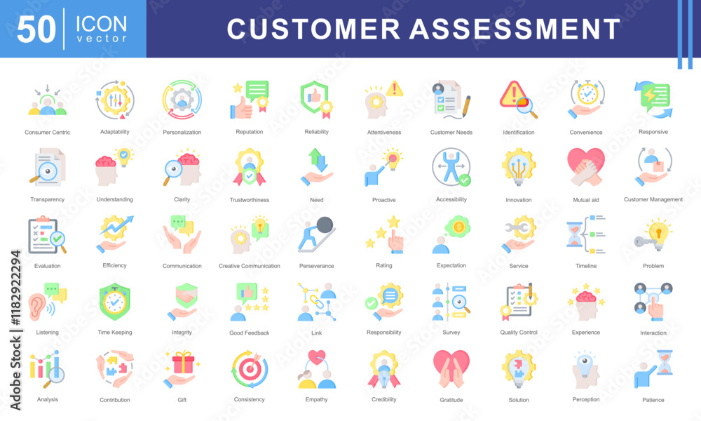 Customer Assessment icon collection set. Containing service, feedback, satisfaction, survey, evaluation, quality, experience icon. Customer Assessment icon collection set. Containing service, feedback, satisfaction, survey, evaluation, quality, experience icon.