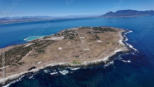Robben Island Cape Town South Africa. 24.12.2024. Video. Aerial view of Robben Island  the west coast and Table Mountain South Africa