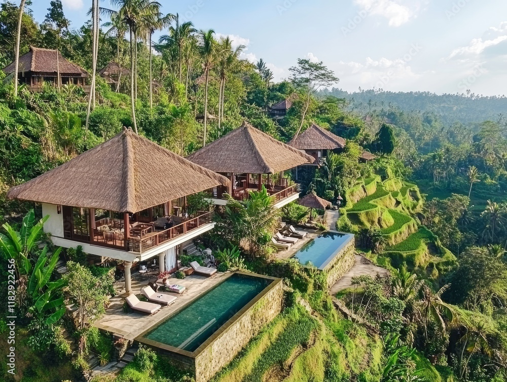 Aerial drone view of Tegallalang rice terraces in Ubud, Bali, Indonesia - ai Aerial drone view of Tegallalang rice terraces in Ubud, Bali, Indonesia - ai