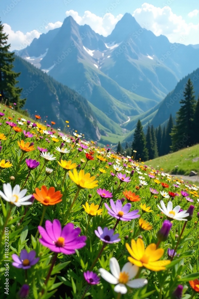 Obraz premium Wildflowers of every color bloom profusely in a sunny mountain meadow during summer, mountain, valley, nature