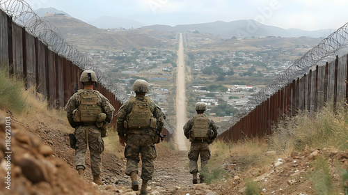 Military Personnel Patrol Along a Fortified Border Fence in a Mountainous Region