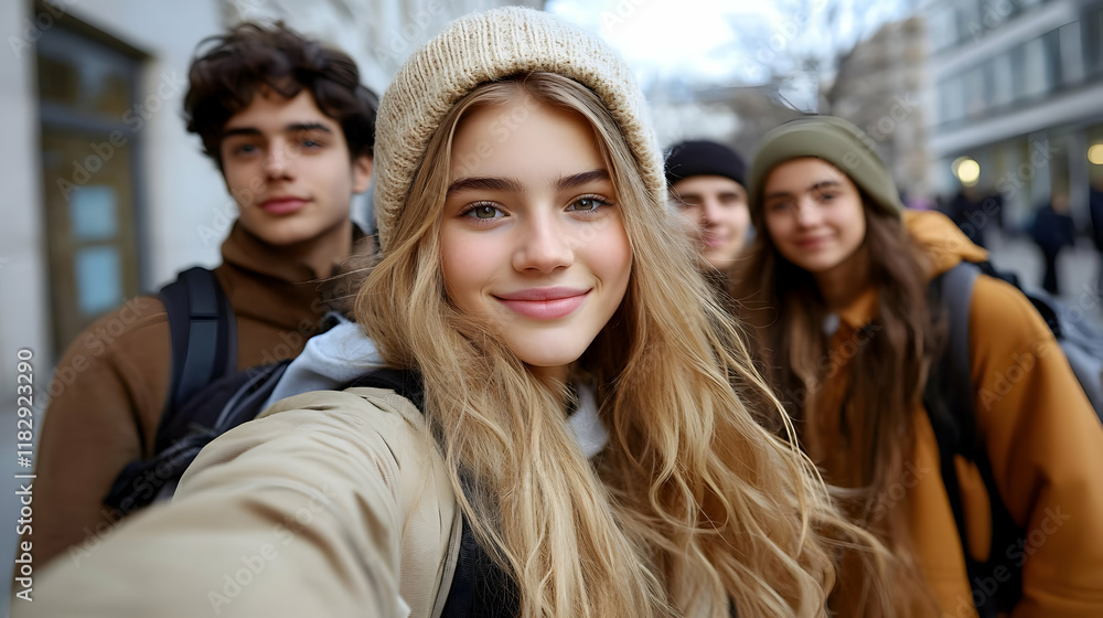 Smiling Students Take a Selfie Together on Urban Street with Backpacks and Winter Hats Smiling Students Take a Selfie Together on Urban Street with Backpacks and Winter Hats