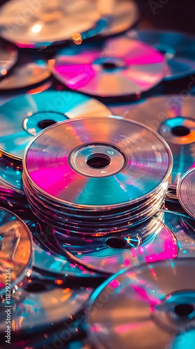 Stack of CDs Reflecting Vivid Pink and Blue Light Creates Colorful Abstract Pattern