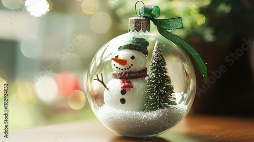 A delightful snowman ornament with a green ribbon, highlighting a miniature holiday tree inside, perfect for adding festive charm to any scene. photo