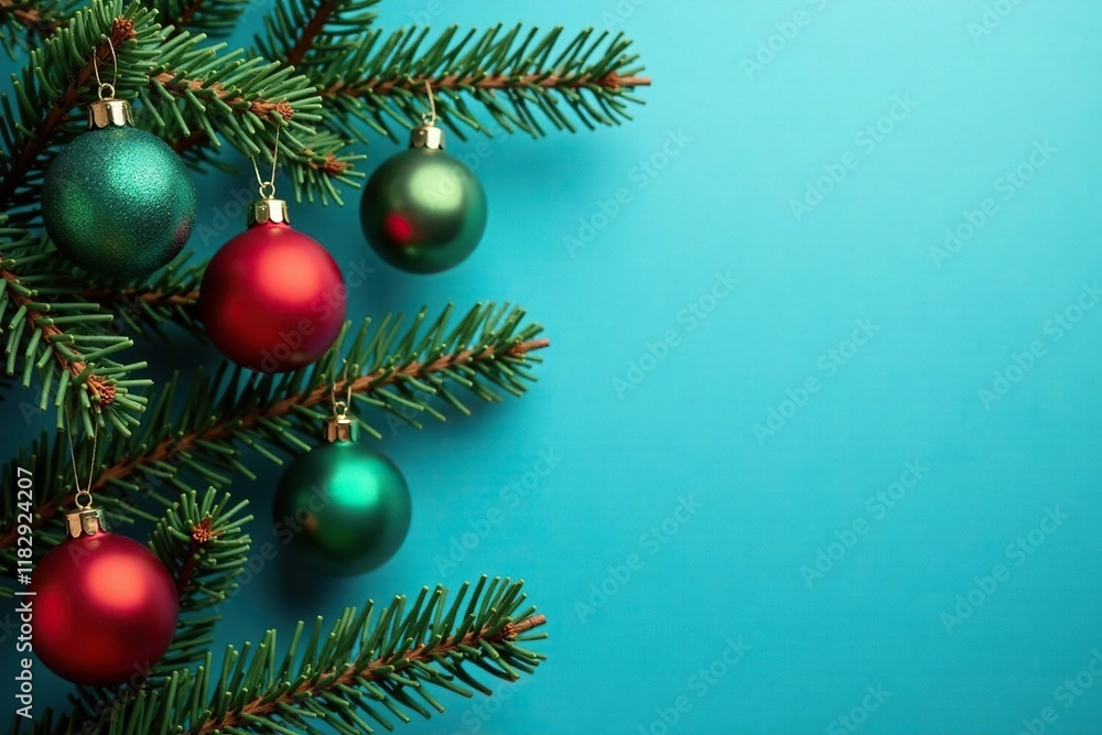 Christmas tree branch with red and green ornaments on a blue background, christmas tree, branch, festive Christmas tree branch with red and green ornaments on a blue background, christmas tree, branch, festive