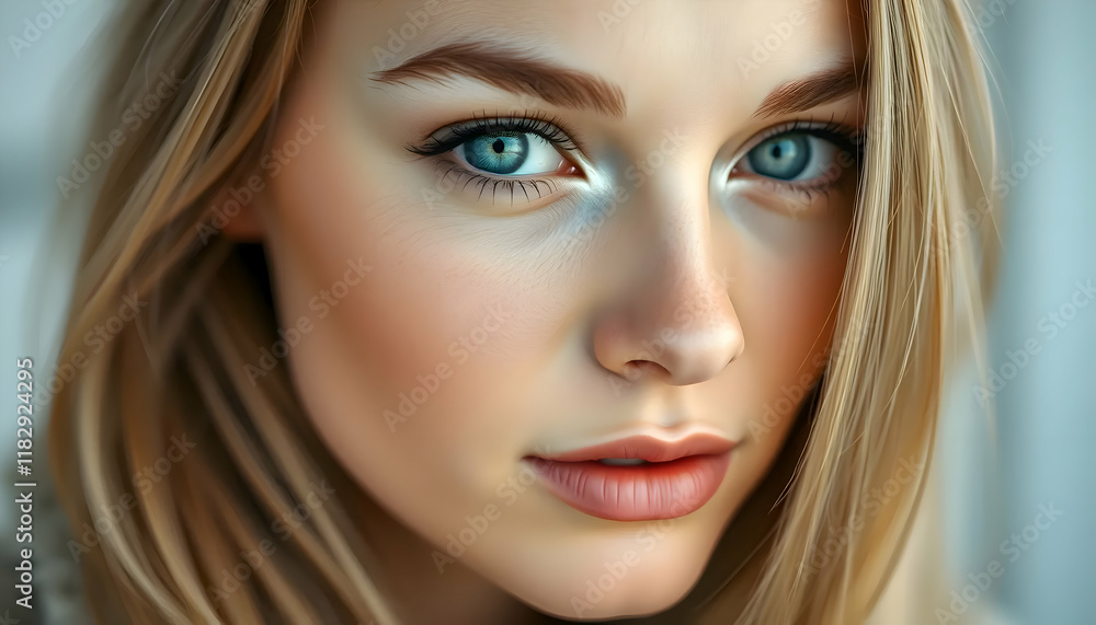 Close-up Portrait of a Young Woman with Blonde Hair and Blue Eyes Close-up Portrait of a Young Woman with Blonde Hair and Blue Eyes