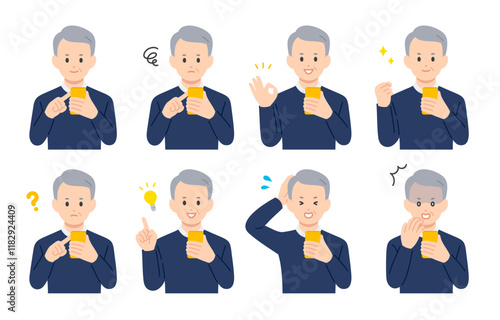 スマホを見ながらいろいろな表情･ポーズをするシニア男性･高齢者のセット【人物ベクターイラスト素材】