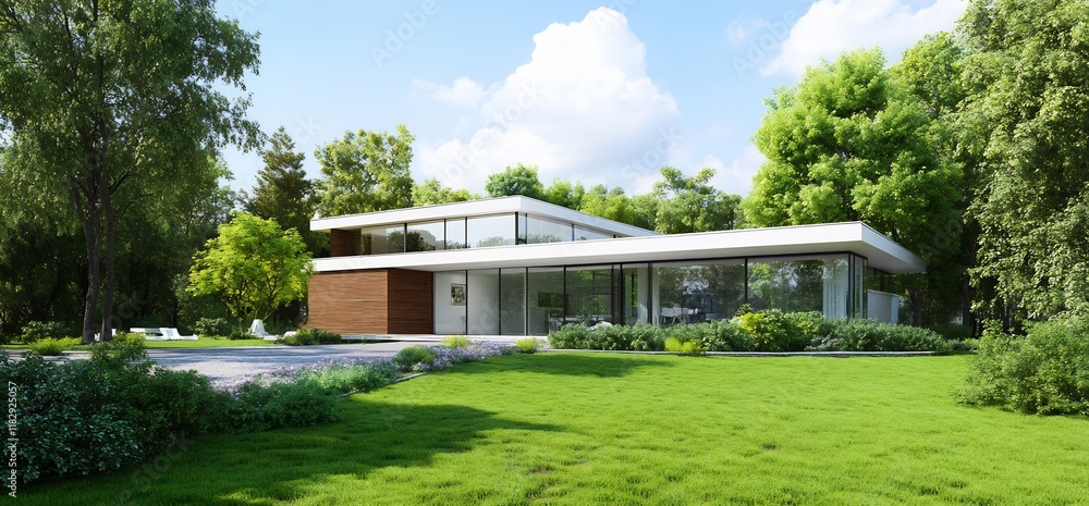 Modern House Surrounded by Lush Greenery Under a Clear Blue Sky Modern House Surrounded by Lush Greenery Under a Clear Blue Sky