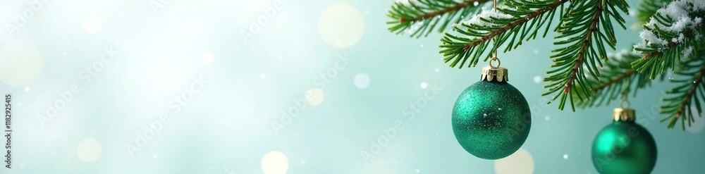 Emerald tree branches adorn crystal ornaments on a snowy white background, ornament, crystal, branch Emerald tree branches adorn crystal ornaments on a snowy white background, ornament, crystal, branch