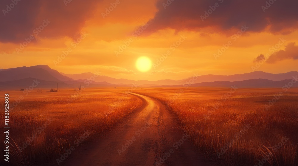 Sunset over golden field with winding road. Sunset over golden field with winding road.