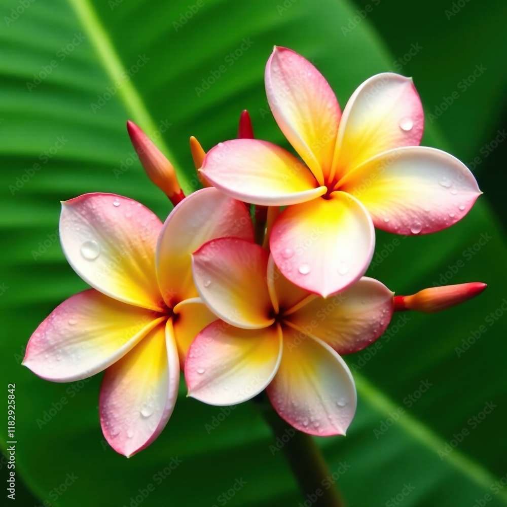 Obraz premium Frangipani flowers against a bright green leaf background with water drops, , background