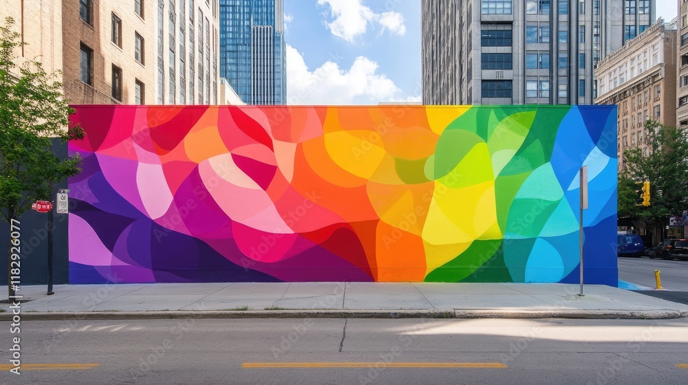 Fototapeta premium A lively rainbow-colored street mural at an urban corner, bringing vibrant colors and a sense of joy to the bustling city environment.