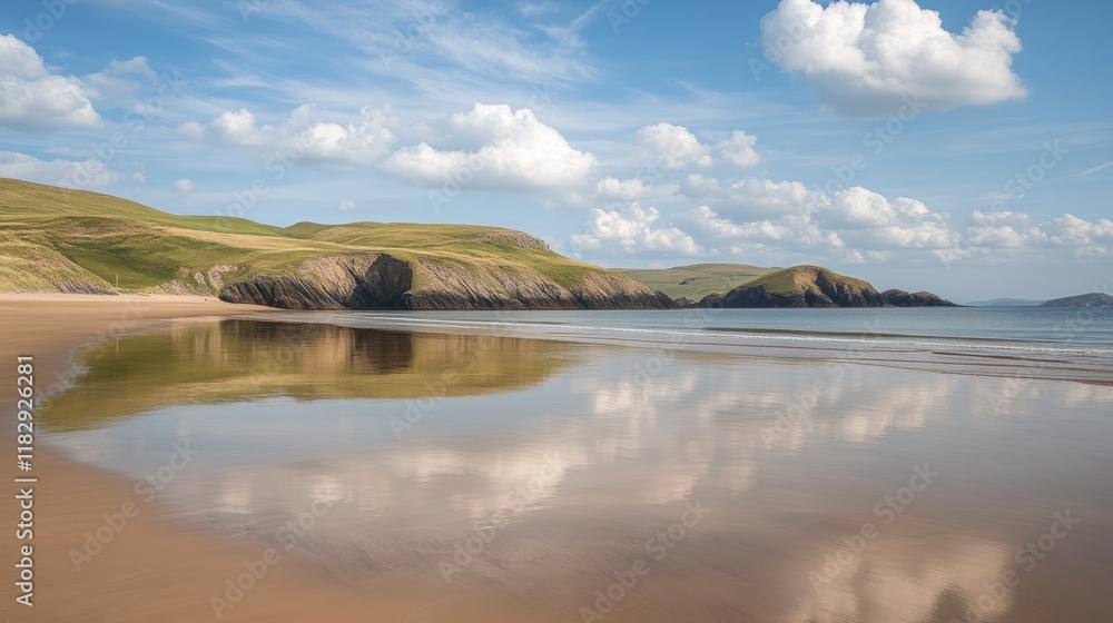 Fototapeta premium Serene beach reflecting sky and hills.