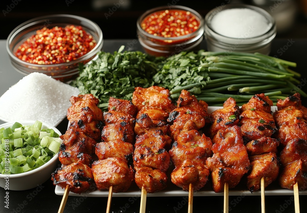 Fototapeta premium Flavorful Grilled Kabobs Ready for Cooking with Fresh Ingredients, Spices, and Seasonings Laid Out for a Tantalizing Meal