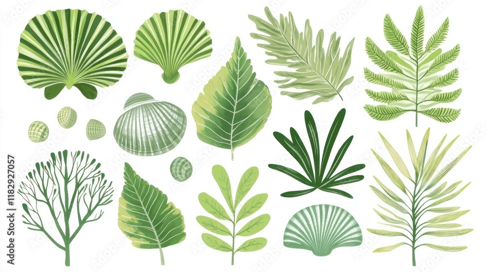 Collection of tropical leaves and seashells. Collection of tropical leaves and seashells.