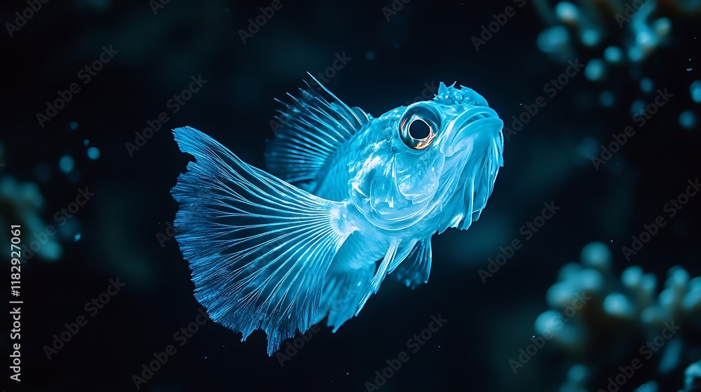 Obraz premium A vibrant blue fish swimming in dark waters, showcasing its delicate fins and features.
