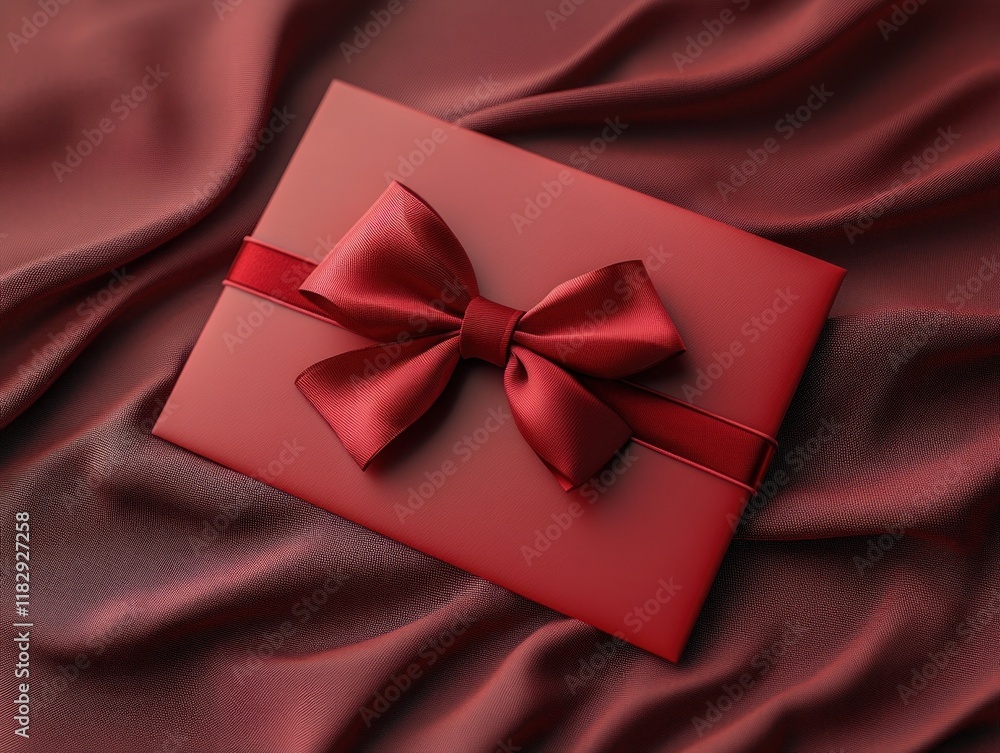Red gift card with satin bow minimalist design in soft natural lighting shadows modern Scandinavian style Red gift card with satin bow minimalist design in soft natural lighting shadows modern Scandinavian style