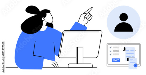 Office worker pointing at computer screen, profile icon, task checklist with PAY button. Ideal for payroll, HR management, digital tools, workplace organization, task management, online payments