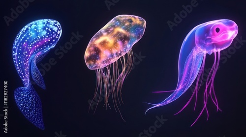 Three glowing jellyfish, digital art.