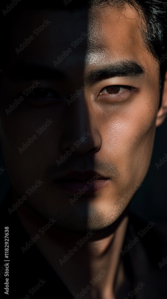 Dramatic portrait photograph with half the face illuminated and half in shadow, creating a striking contrast that emphasizes facial features and emotional depth in darkness. Dramatic portrait photograph with half the face illuminated and half in shadow, creating a striking contrast that emphasizes facial features and emotional depth in darkness.