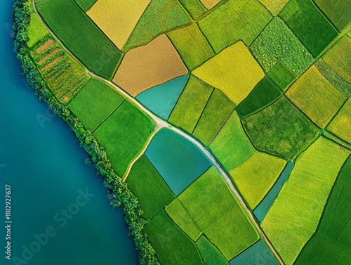 Aerial landscape in Phong Nam valley, Cao bang province, Vietnam with river, nature, rice fields, beautiful destination in Northern Vietnam  - ai