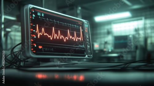 a close-up of a heart rate monitor displaying a steady pulse line on a glowing screen, set in a dimly lit hospital room with subtle medical equipment in the background.