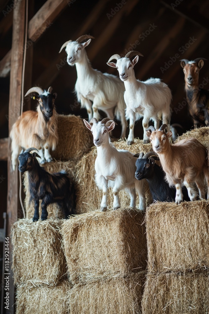 Obraz premium A group of farm goats climbing on bales of hay in a rustic barn