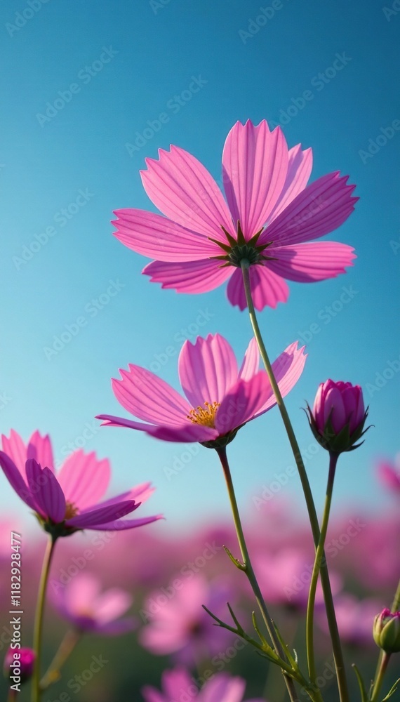 Pink cosmos flowers against a deep blue sky at dawn, gentle light, serene Pink cosmos flowers against a deep blue sky at dawn, gentle light, serene