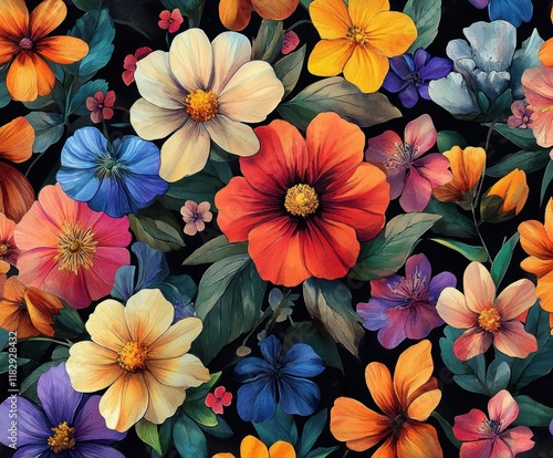 Vibrant Tropical Floral Watercolor Pattern with Hibiscus Orchid Jasmine and Leaves