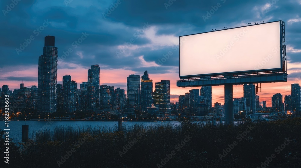 A modern urban skyline with a large blank billboard perched above the waterfront, offering a fresh and contemporary cityscape view. A modern urban skyline with a large blank billboard perched above the waterfront, offering a fresh and contemporary cityscape view.