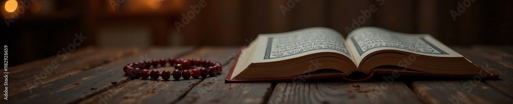 Obraz premium Quran and Rosary on a Wooden Table with Soft Lighting, Worship, Evening