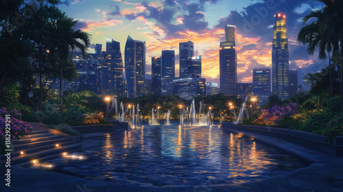 Photorealistic Singapore Cityscape with Marina Bay Sands, Modern Skyscrapers, and Twilight Gardens