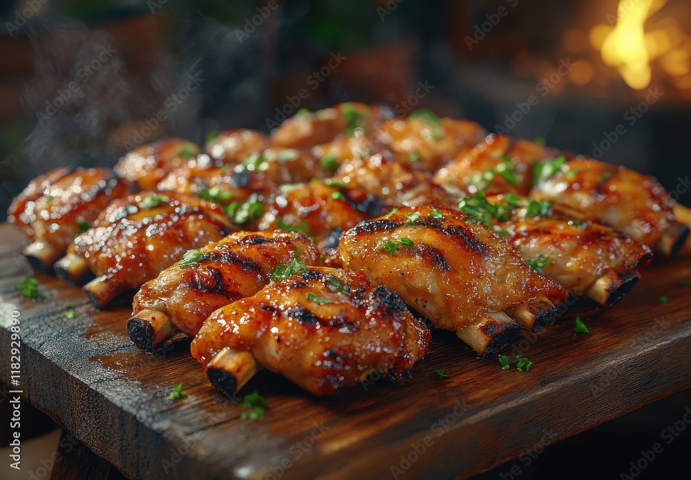 Grilled Chicken Thighs Glazed with Honey and Barbecue Sauce Served on a Wooden Board Surrounded by Herbs and Smoke for a Delicious Outdoor Dining Experience Grilled Chicken Thighs Glazed with Honey and Barbecue Sauce Served on a Wooden Board Surrounded by Herbs and Smoke for a Delicious Outdoor Dining Experience