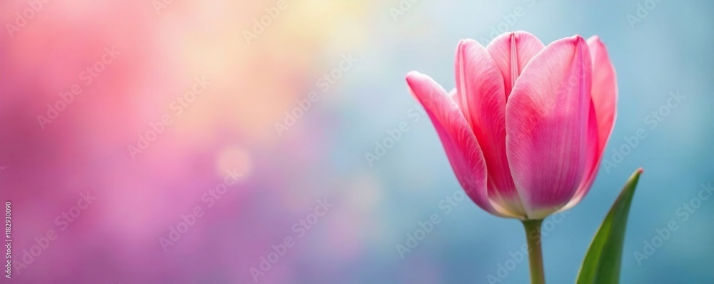 Obraz premium Soft petals of tulip on pastel rainbow background, flowers, background, purple