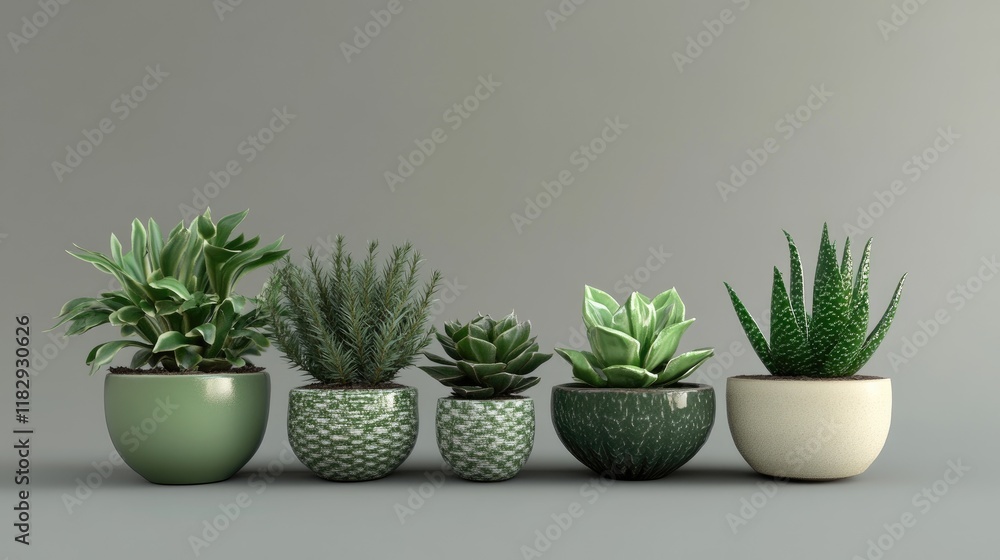 Fototapeta premium A selection of different succulents in stylish green pots, offering vibrant greenery against a muted gray background for a modern aesthetic.