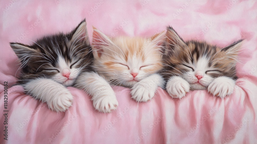 A serene and heartwarming moment of three fluffy kittens sleeping peacefully on a soft pink background, perfect for evoking warmth and relaxation. A serene and heartwarming moment of three fluffy kittens sleeping peacefully on a soft pink background, perfect for evoking warmth and relaxation.