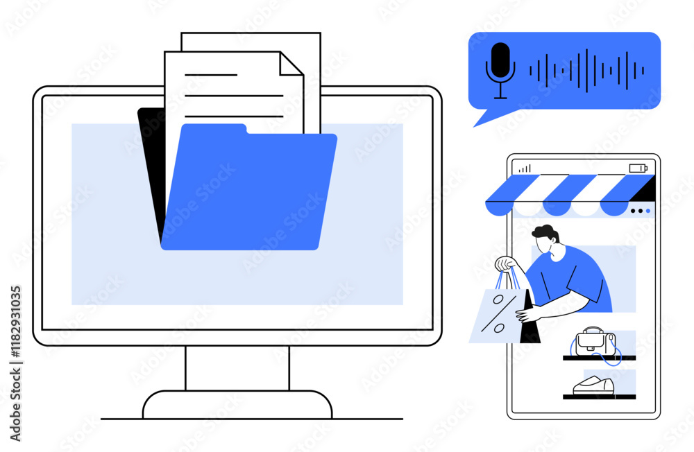 Computer with documents and folder, online shopping on mobile with a person holding a shopping bag, and a voice assistant. Ideal for technology, e-commerce, online business, digital organization Computer with documents and folder, online shopping on mobile with a person holding a shopping bag, and a voice assistant. Ideal for technology, e-commerce, online business, digital organization